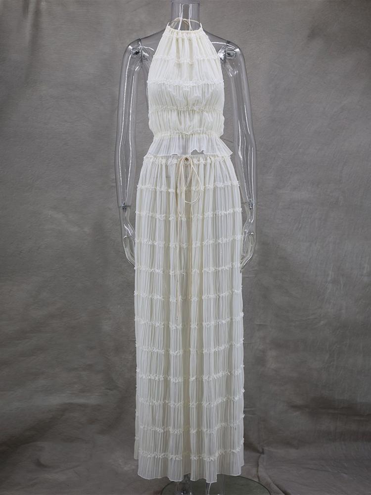 

EDOLYNSA 2024, летняя мода, сексуальная открытая спина, висящий на шее ремень, плиссированная кружевная юбка, пляжное платье из двух частей, купальник, бикини, накидки XL белый