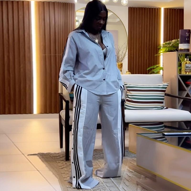 2026 New Fashionable Collared Striped Long-Sleeve Shirt and Wide-Leg Pants Casual Suit S серый
