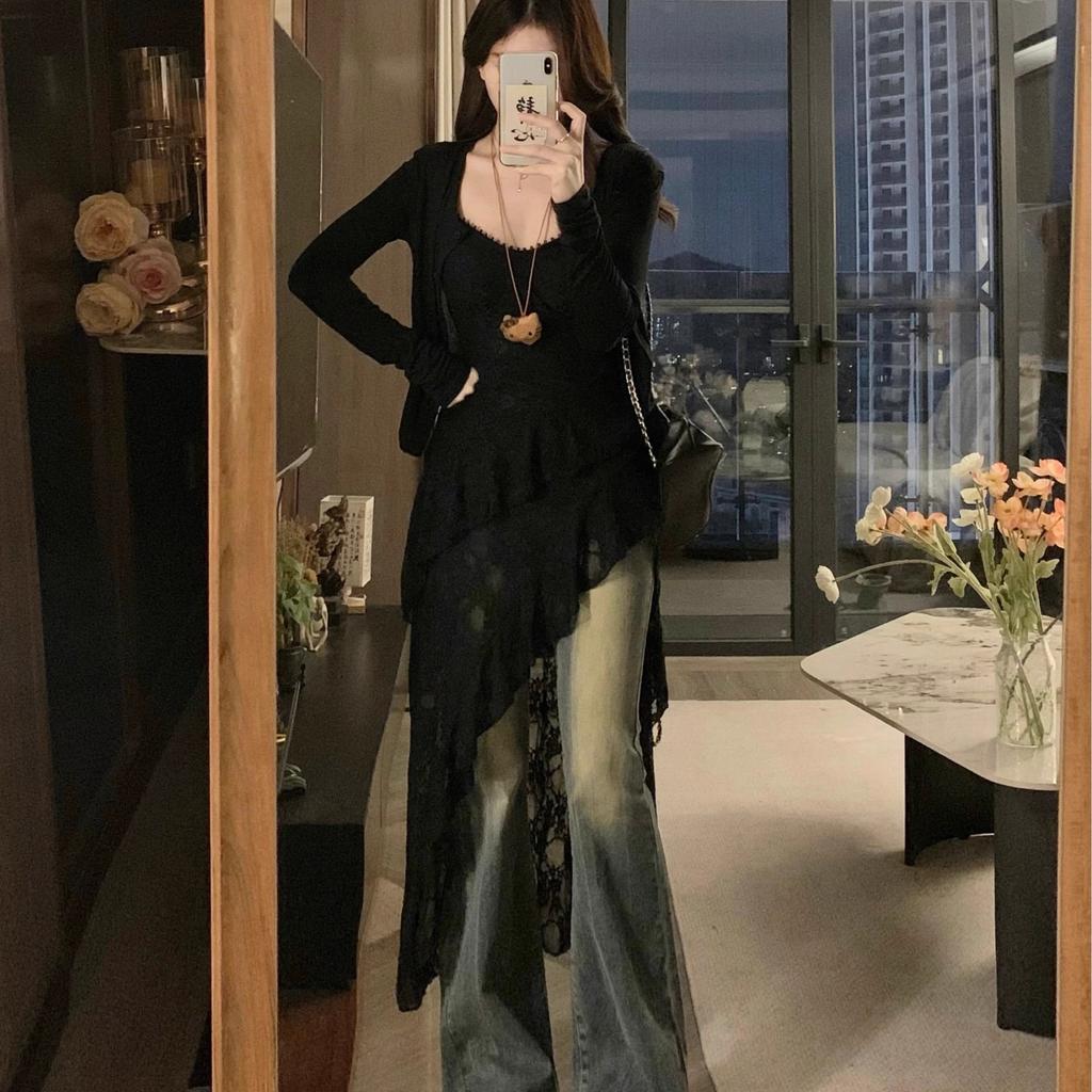 Large Size Hepburn Style Lace Dress Women's Summer Irregular Split Suspender Skirt Fat MM Belly Covering Thin Skirt