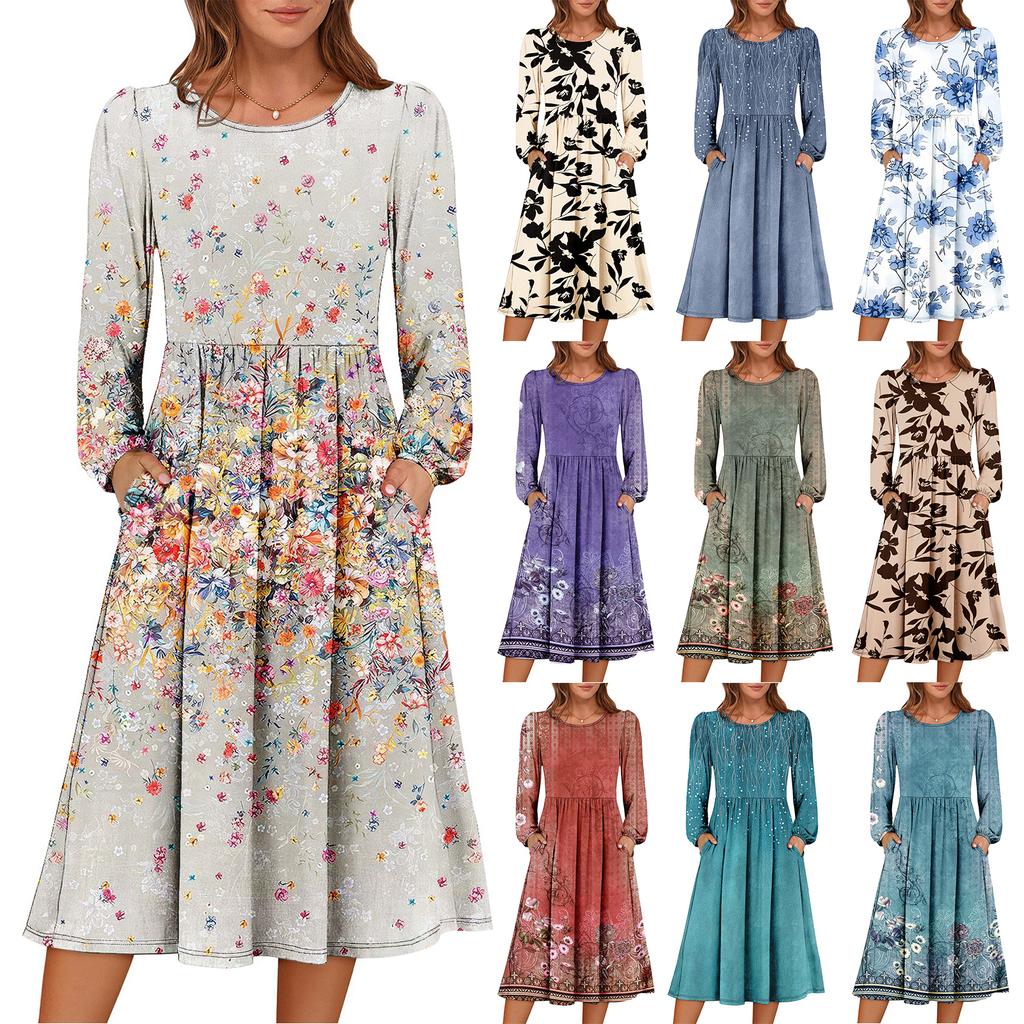 Women's Fashionable Loose Retro Printed Round-neck Dress