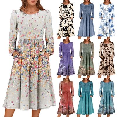 Μοντέρνο γυναικείο φαρδύ ρετρό φόρεμα με στρογγυλή λαιμόκοψη και στάμπα