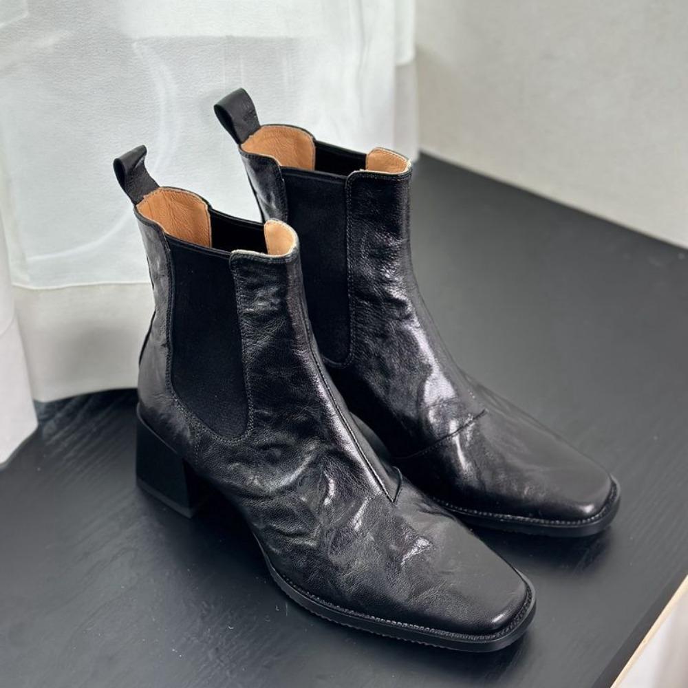 Ankelstøvler For Damer Square Toe Motesko Varme Vinter Korte Støvler Glidelås Firkantede hæler Komfortable Damesko