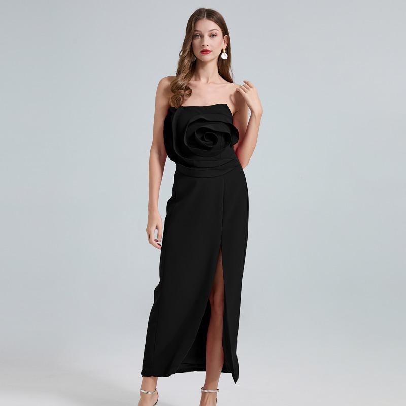 Summer Women 3D Rose Flower Sexy Strapless Open Back Slim Bodycon Split Evening Party Pencil Dresses