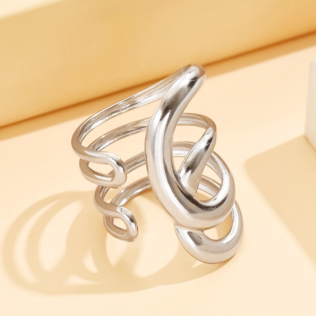 Transnational Fashion Stainless Steel Geometric Hollow Ring - Bold, Wide Open Design