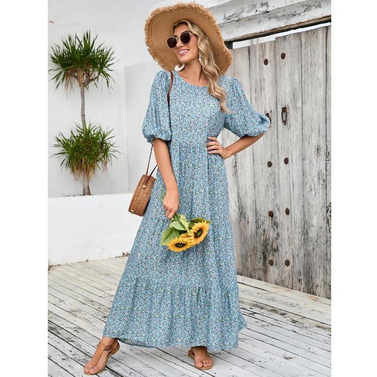 Vestido Casual de Verano para Mujer con Estampado Floral, Cintura Alta, Suelto, Cuello Redondo, Talla Grande, Largo hasta el Tobillo, Manga Larga, Vestido de Primavera