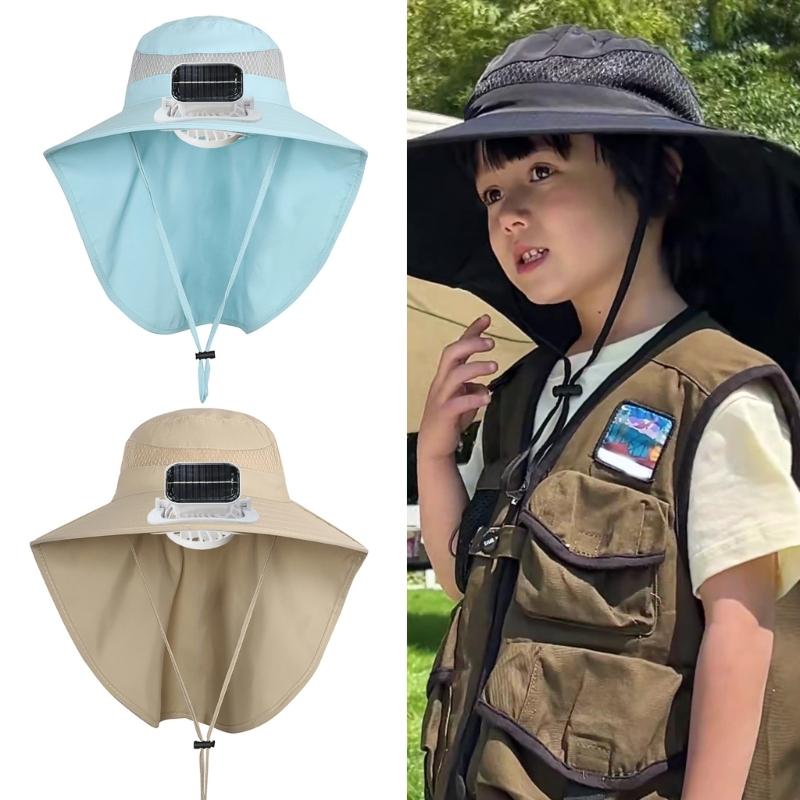 Solar Cooling Fan Hat Wide Border Children Hat Sun Protection Fishing Hat for Hiking Camping Fishing Activity