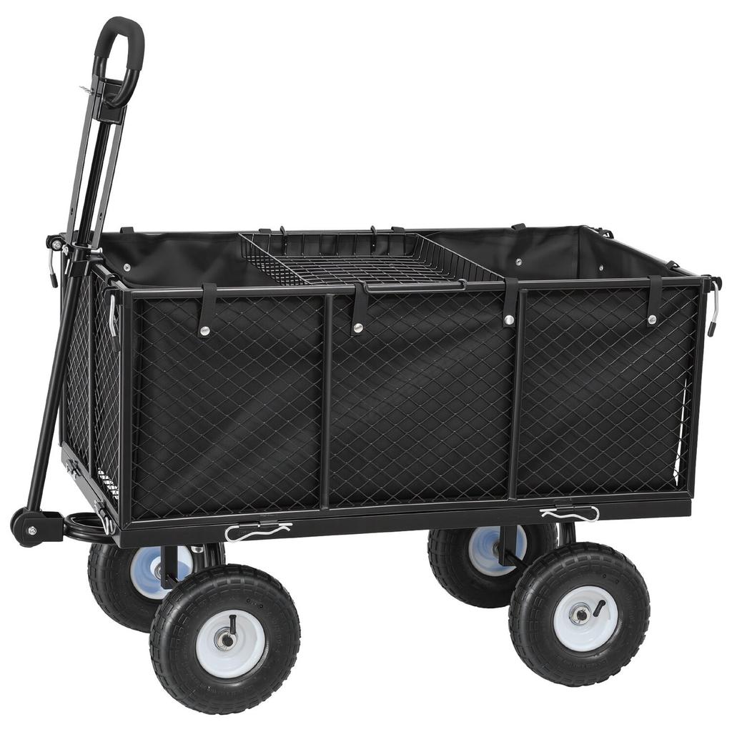 Garden Cart, 544.3 kg, Heavy Duty Steel Hand Trolley, Yard Utility Wagon Outdoor Transport Cart with 10-Inch Tires, Adjustable Handle, Detachable Side