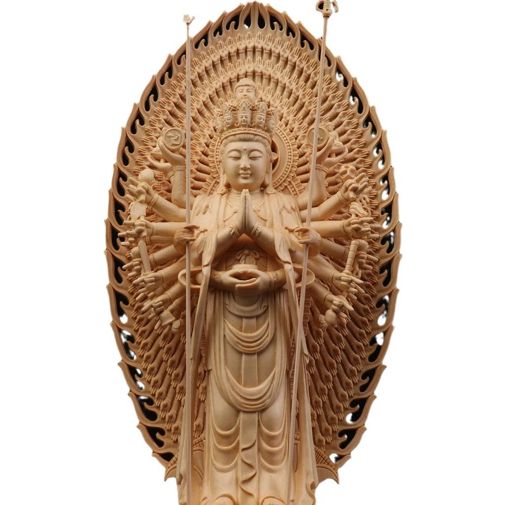 Chinese Large Solid Wood Guanyin Buddha Statue Thousand-Hand Sculpture Home Decor