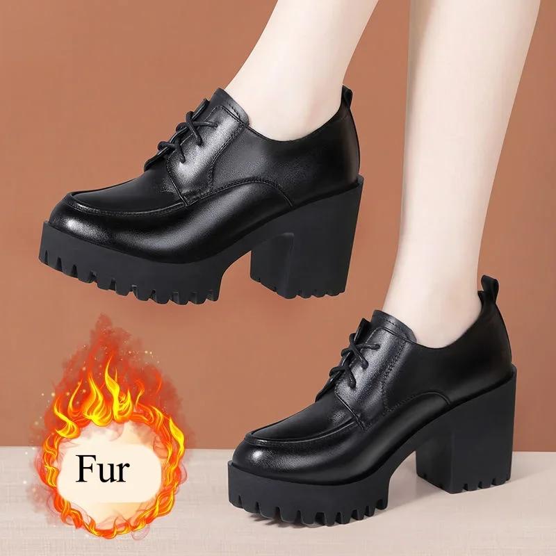 8cm Small Size 33-43 Elegant Deep Mouth Soft Leather Oxfords Platform Pumps Fall 2025 Block High Heels Shoes Fur Office Model 33 4229₽