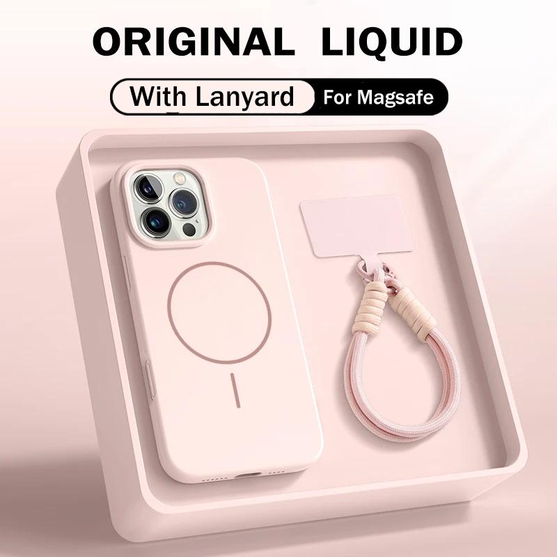 Official Liquid Silicone Lanyard Strap Rope Case For iPhone 17 16E 16 14 15 Plus 12 13 11 Pro Max Magsafe Magneitc Soft Cover