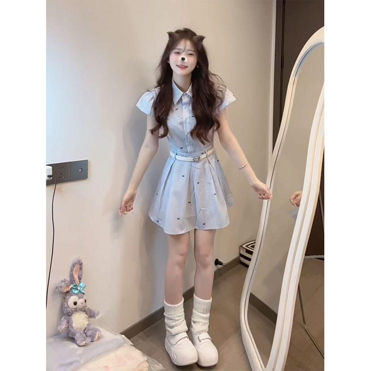 

Women s Petite Blue Striped Bowknot Shirt Dress - Summer French Academic Style, Waist-Cinching Short Skirt S under 95 lbs side zipper