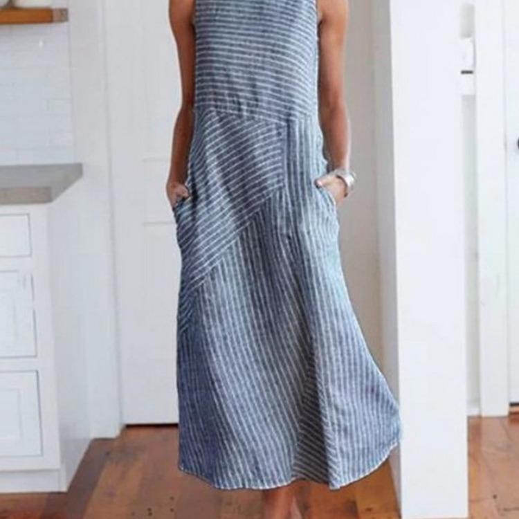 Striped Round Neck Sleeveless Plus Size Slim Dress Comfortable Breathable High Recognition Elegant Slimming Flattering Fit