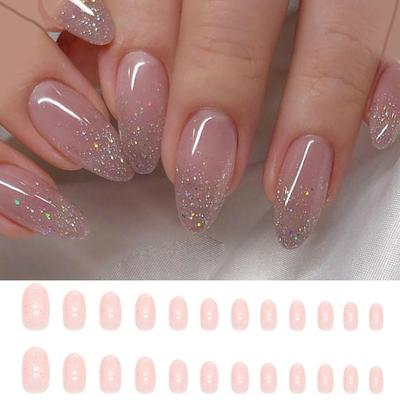 24pcs Nail Tips Star River Press On Nails Fake Nials Glitter French Long Almond False Nails