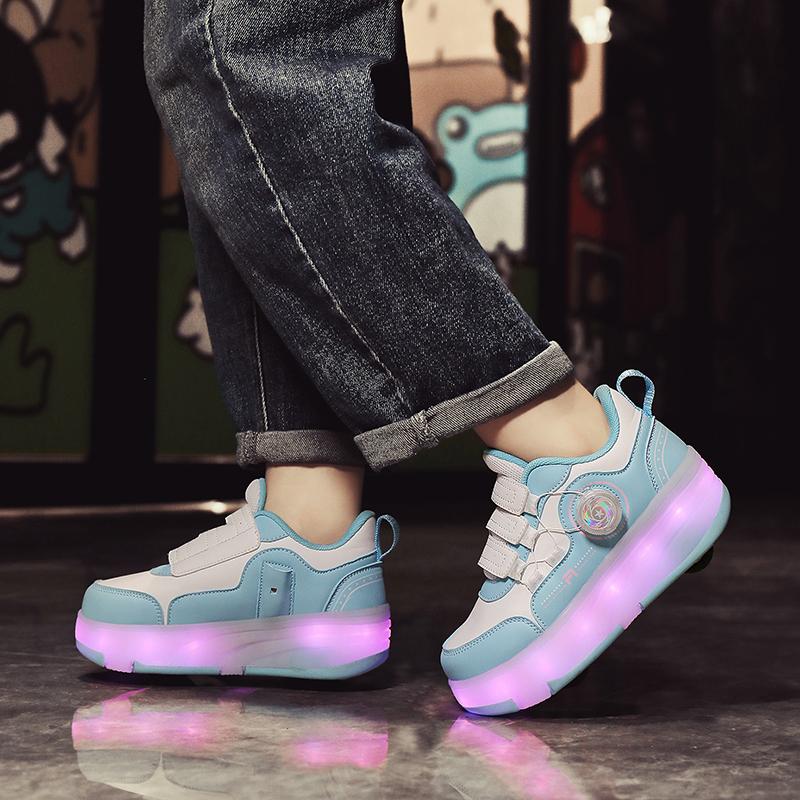 Kid's Roller Skates Removable Flat Charging LED Four Wheels Glowing Sports Shoes Pink Women's Glowing Sneakers