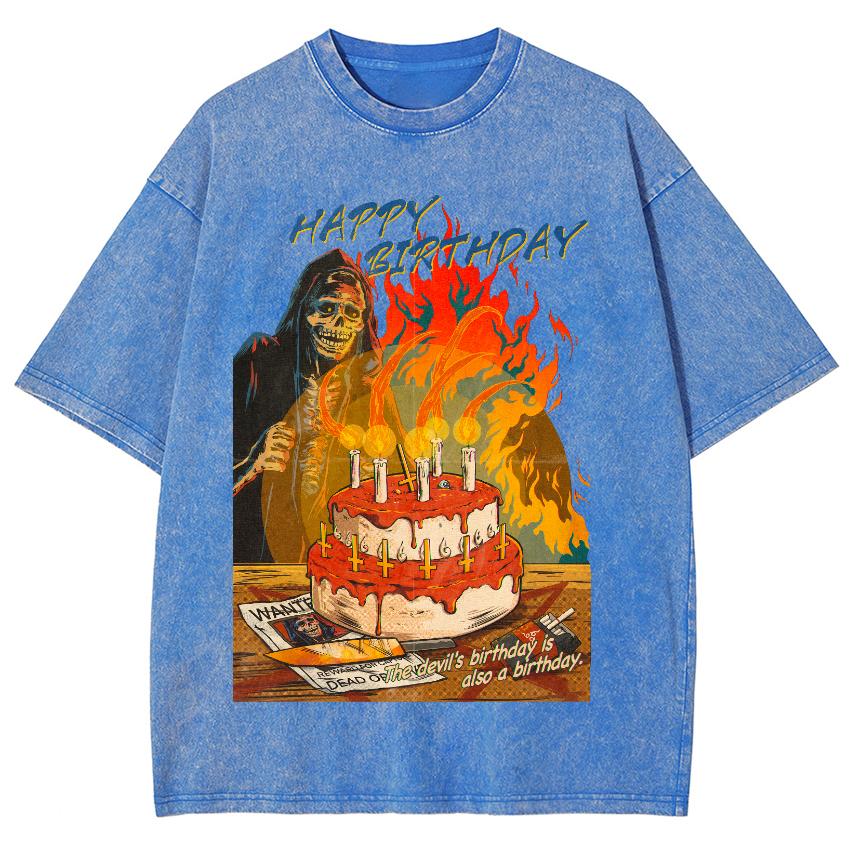 Skull Ghost Eating Cake Printed Women's Washed T-shirt Comfortable Loose Short Sleeve Street