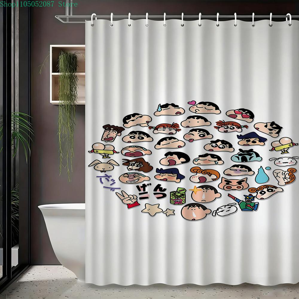 Crayon Shin-Chan & Shiro Best Friend Flying Scene 2D Print Waterproof Shower Curtain, Sweet Pink With Clouds & Daisies Bathroom
