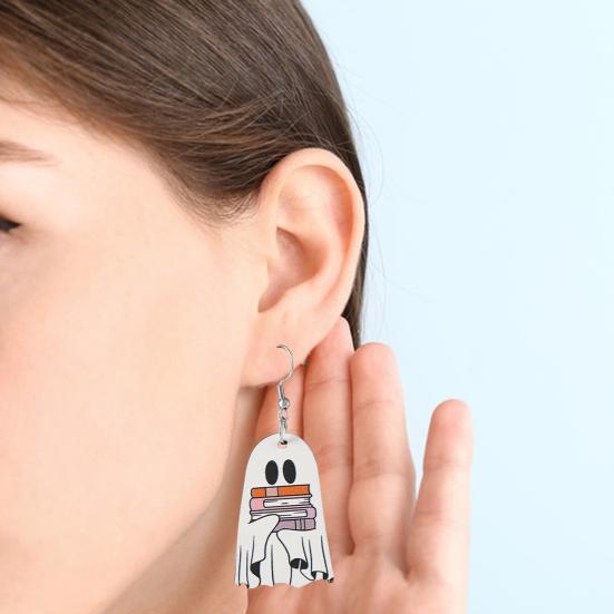 Halloween Ghost Earrings Wood Ghost Holding Book Earrings Halloween Party Jewelry for Women Makeup And Everyday Wear