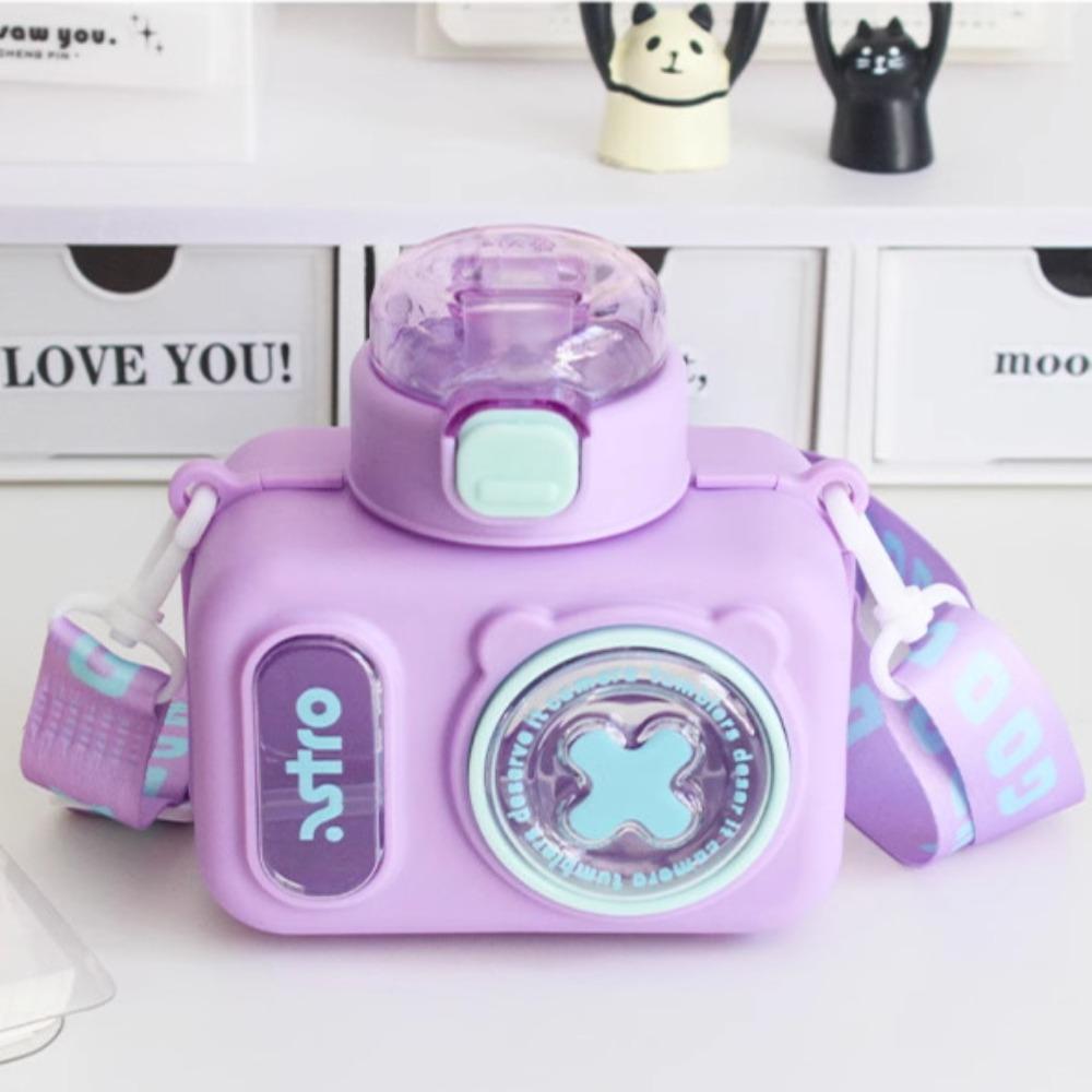 Plastic Straw Water Cup Sealed Design Water Bottle Portable Cartoon Camera Cup  Outdoor Activities