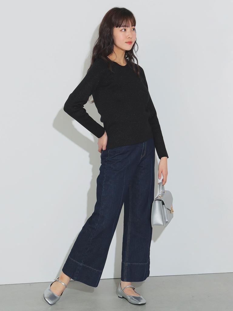 Beams Heart Knit Crew Knit Crew One Size Women's L/S Pants, Lamé Pants, Black,