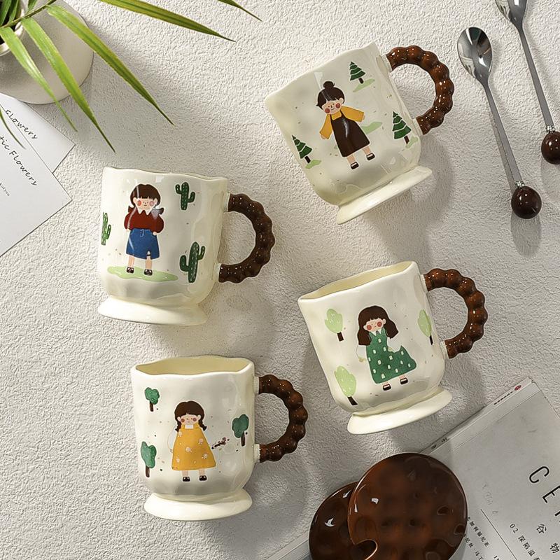 Cartoon Character Cute Mug with Lid and Spoon Retro Girl High Looking Ceramic Children's Cup for Drinking Water for Home Use