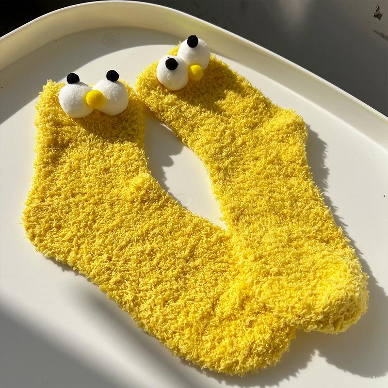 Cartoon Big Eye Socks for Women Kawaii Cute Fluffy Plush Floor Sock Winter Thicken Warm Coral Fleece Female Funny Socks
