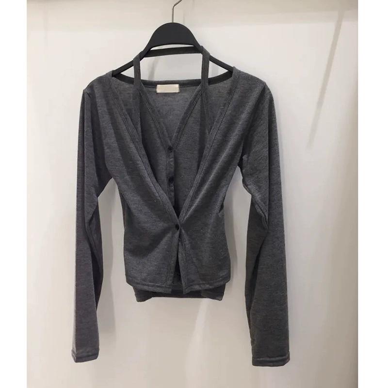 

Korean Style Strappy Halter V-Neck Two-Piece Cardigan & T-Shirt Set for Women One Size