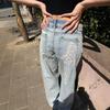 Y2K Vintage Washed Denim Jeans Women Loose Straight Leg Tapered Pants With Angel Wing Print Mid-Rise Comfort Fit