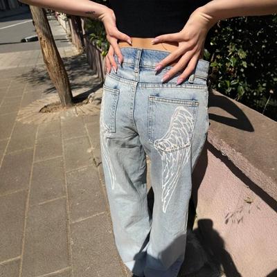 Y2K Vintage Gewaschene Jeans Damen Locker Gerades Bein Verjüngte Hosen Mit Engelsflügel-Print Mittlere Leibhöhe Komfort Passform