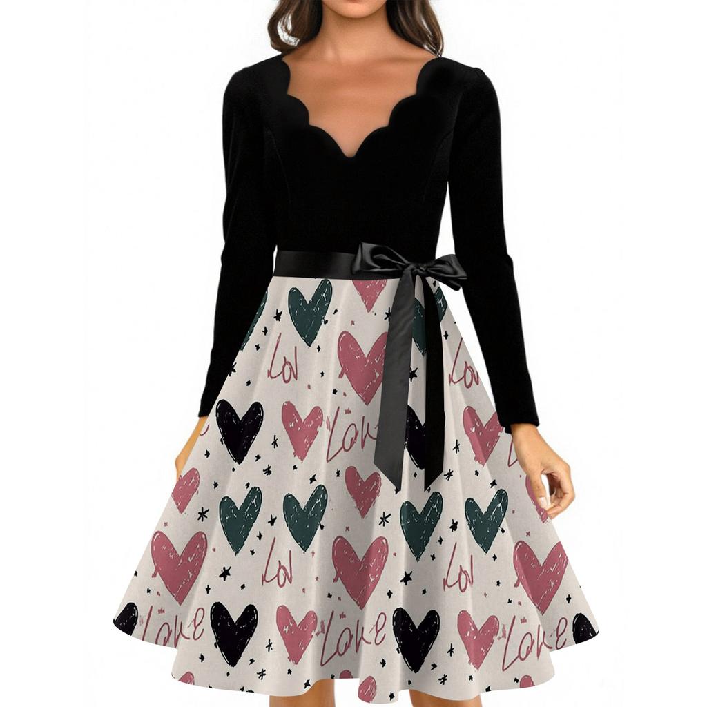 Damska stylowa i elegancka sukienka z długim rękawem, dekoltem w serek w kształcie serca na Walentynki