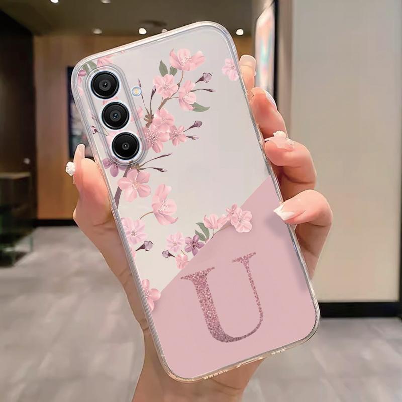 For Samsung Galaxy M35 A06 A07 A17 A16 A56 A55 M55 5G Letter Pink Flowers Fashion Phone Cover Soft Silicone Fundas Transparent