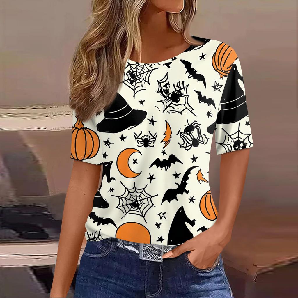 Women's Casual Short Sleeve Pullover Top Halloween Pumpkin Ghost Bat Print Round Neck Loose Fit Shirt for Autumn