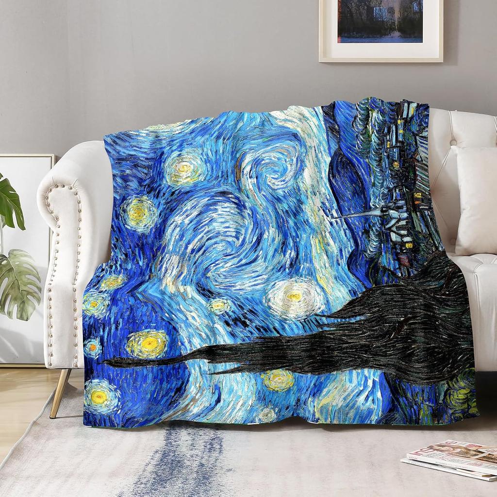Starry Night Van Gogh Art Print Fleece Blanket Famous Painting Design Soft Cozy Throw Home Decor For Living Room Or Bedroom