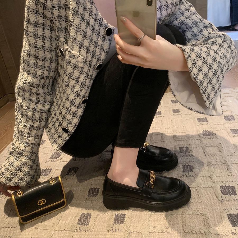 Sheepskin version~ Arc de Triomphe platform loafers women's British style black small leather shoes retro JK shoes genuine leather single shoes