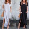 Casual Women V-Neck Short Sleeve Solid Color Split Pocket Loose Long Maxi Dress