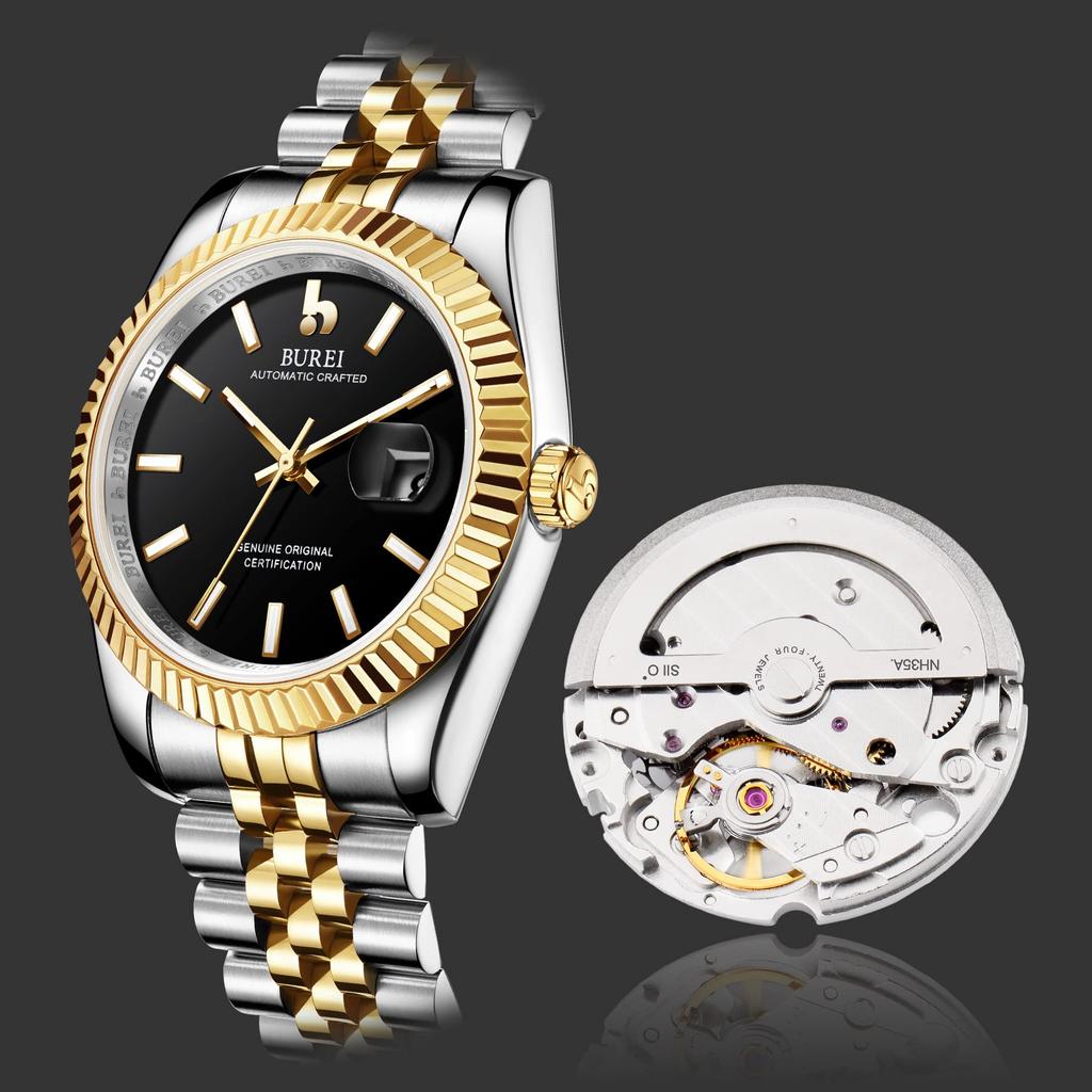 BUREI Men's Automatic Watch Waterproof Analog Mechanical Male Popular Business Date Brand Wristwatch Simple Casual Luminous Watch (Gold Black)