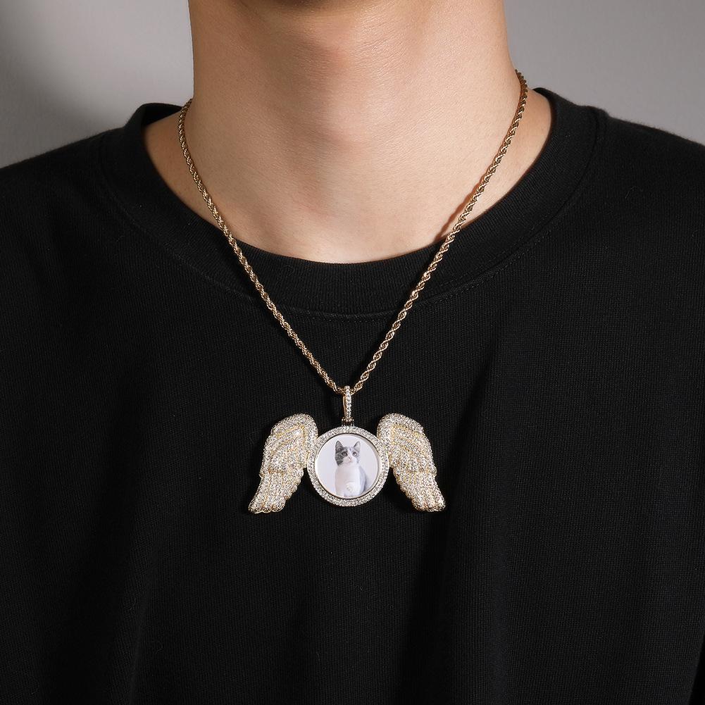 Cross-Style Rhinestone Wing Photo Frame Pendant Necklace - European American Hip Hop Fashion