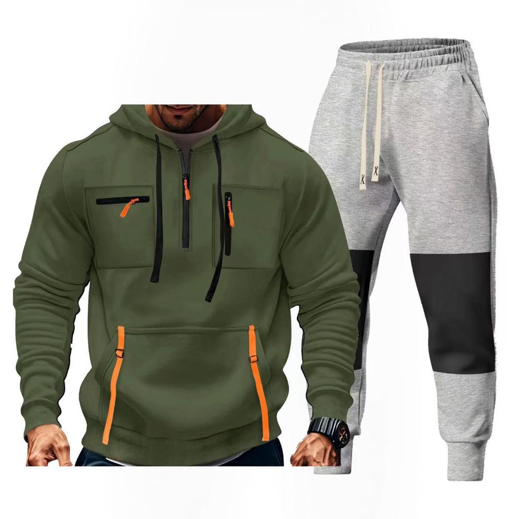 Pánská mikina s kapucí, více kapes, s dlouhým rukávem, ležérní, sportovní, dvoudílná sada