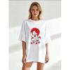 Oversize Women's Short-Sleeve T-Shirt with Red & White Maneki-neko Text and Cherry Blossom Decor Print