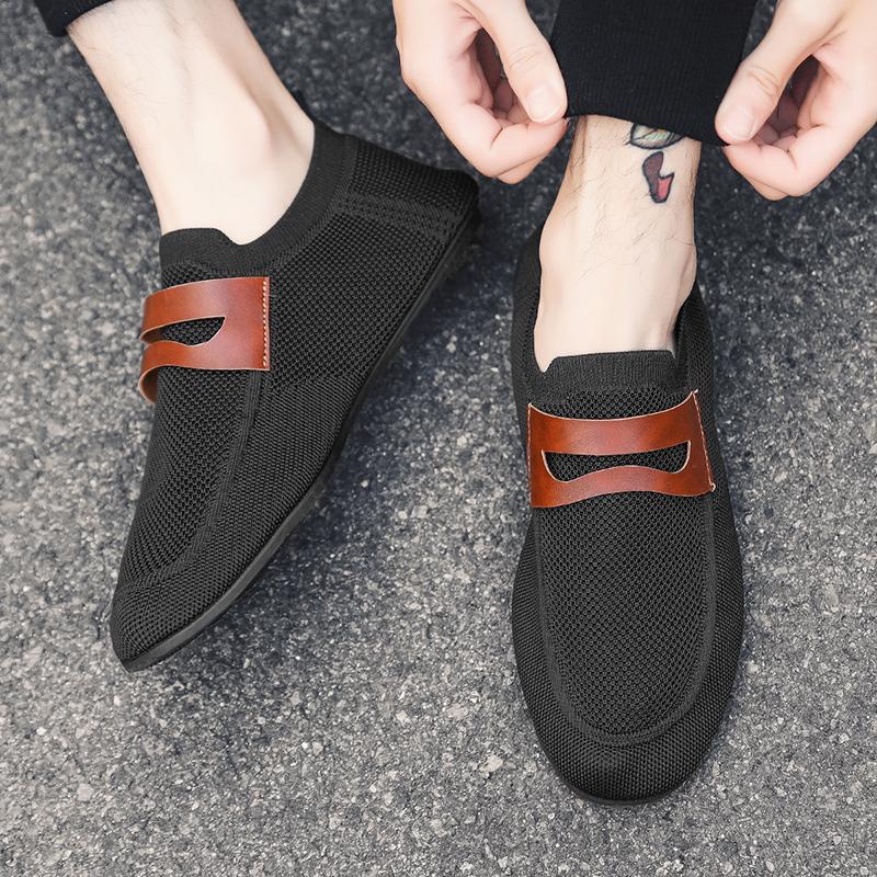 YRZL Round Toe Flat Shoes Solid Color Men Slip on Shoes Casual Breathable Comfortable Mens Mesh Loafer Shoes Outdoor Loafers Man