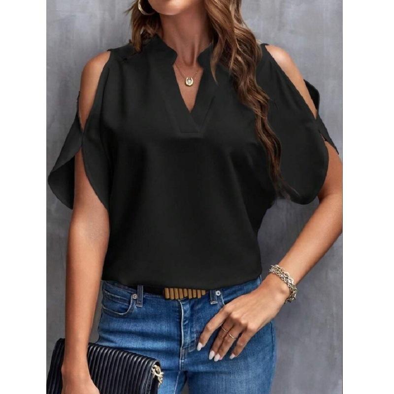 EastRogue Women's Summer Solid Color V-neck Off-the-shoulder Loose Chiffon Top