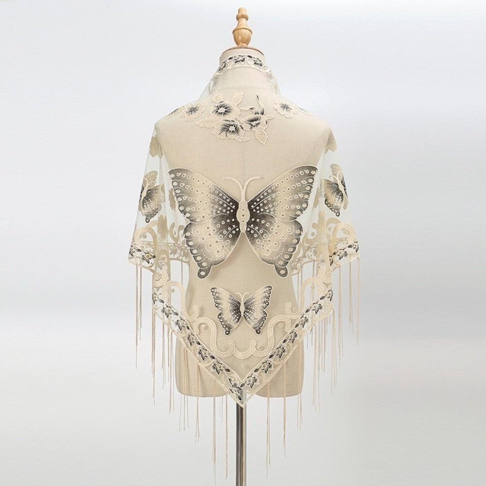 

Polyester Lace Hollow Scarf Butterfly Mesh Scarves Fashion Tassel Triangle Shawl Bridal бежевий