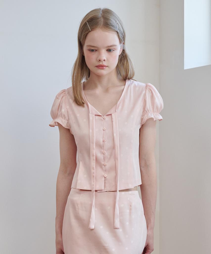 OPENING SUNSHINE Set - Satin Jacquard Tie Blouse + H Midi Skirt Pink