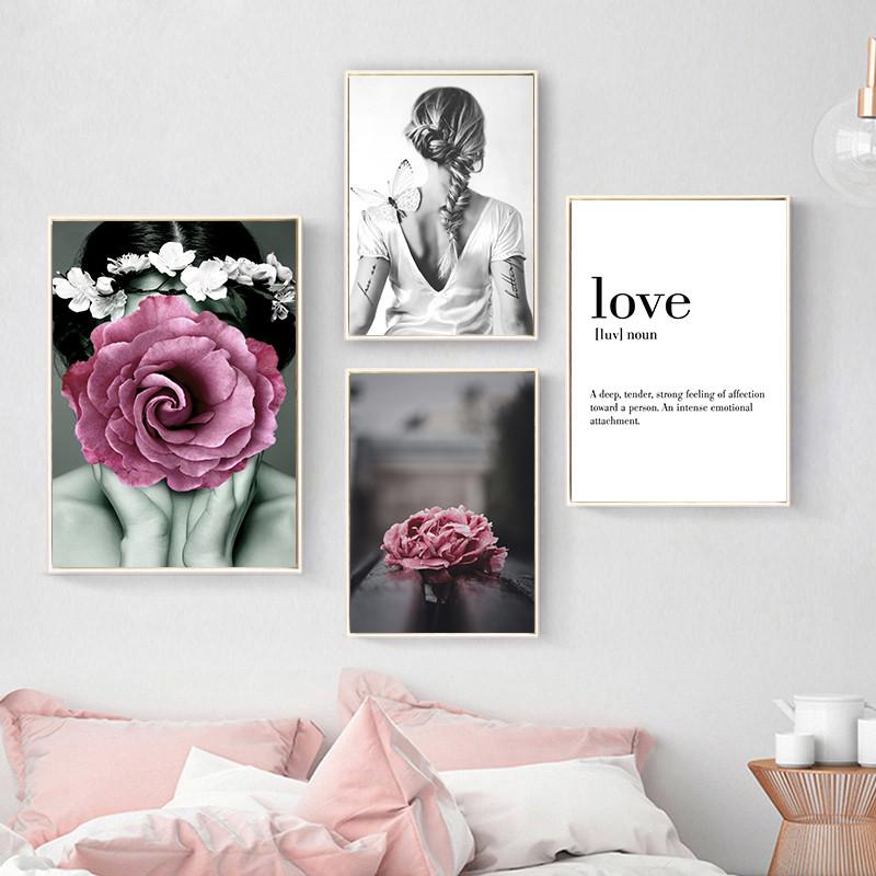 Moderne abstrakte Mädchen-Wandbilder für Wohnzimmer, rosa Pfingstrose, Blumen-Liebe, Leinwanddrucke, Poster, Dekoration, Wandkunst, Malerei
