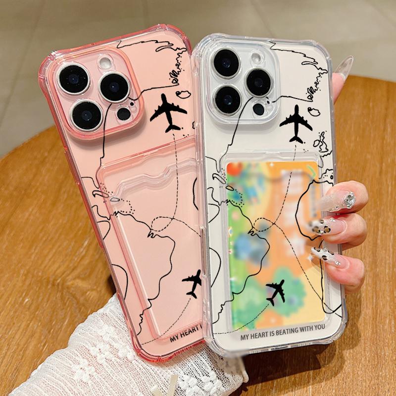 Shockproof Card Slot Silicone Soft Mobile Case For iPhone 16 Pro Max 15 Pro 14 13 12 11 Simple Aircraft Route Print Slim Clear Protection Phone Cover