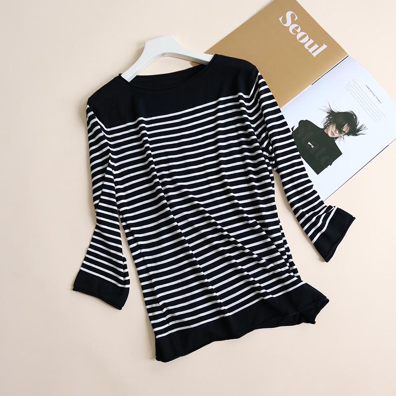 Tangge Women's Silk Lyocell Striped Long Sleeve Crew Neck T-Shirt