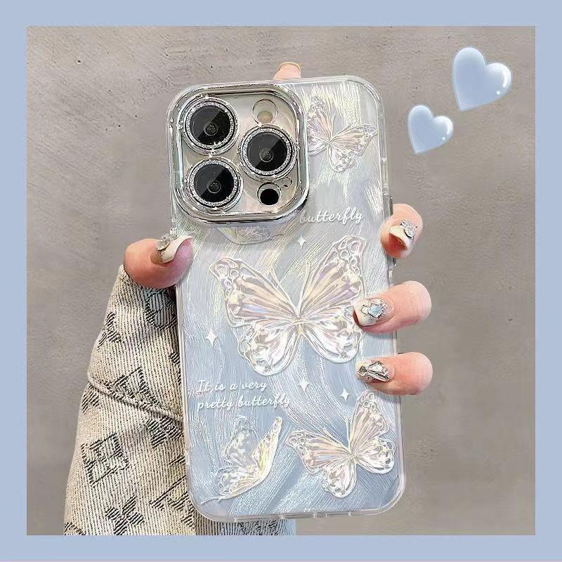 Silver Butterfly Hole Suitable for Apple 16promax Mobile Phone Case for Women IPhone 15 Lens 14 Feather Yarn Protective Case