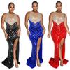 European and American Fashion Women's Sleeveless Rhinestone Round Neck Long Dress