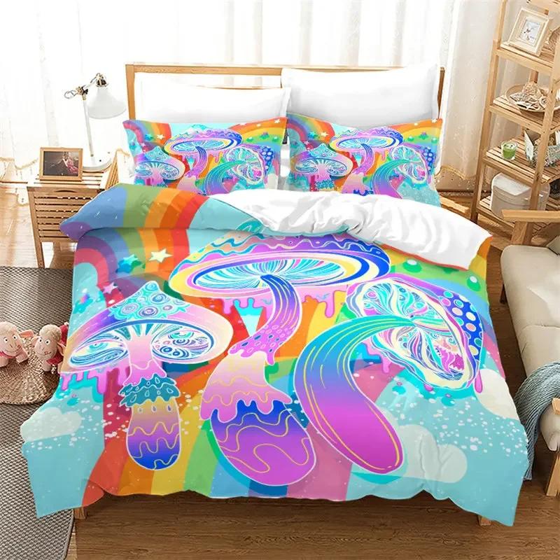 Pilz Bettbezug Bunt Niedlich Cartoon Bettwäsche Set Einzelbett Doppelbett King für Teenager Jungen Mädchen Kinder Kawaii Botanische Pflanze Steppdeckenbezug