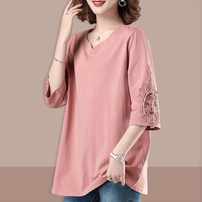 Summer Women's Plus Size T-Shirt Loose Three-Quarter Sleeve VT Shirt Solid Color Top