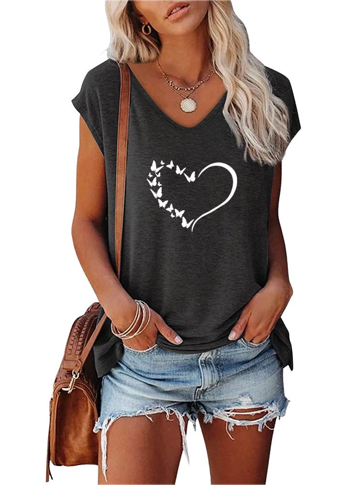 Women Fashion V Neck Printed T-shirt Summer Casual Short Sleeve Top